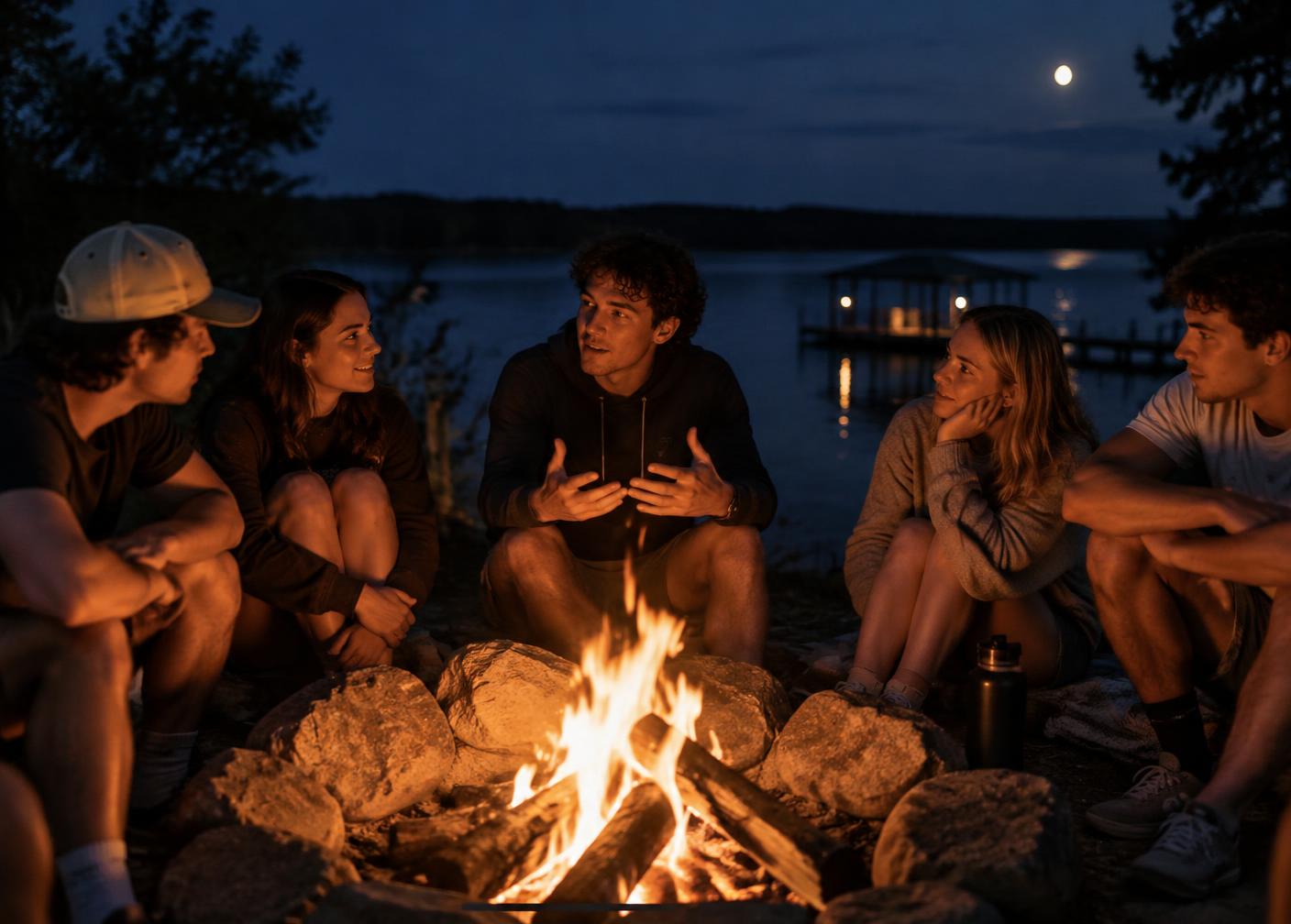 Late-night fireside conversation