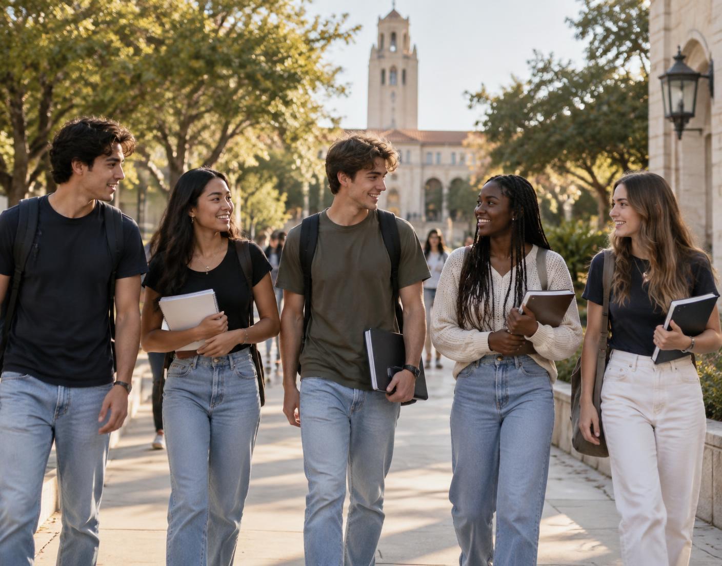 Older students walking together on a college campus