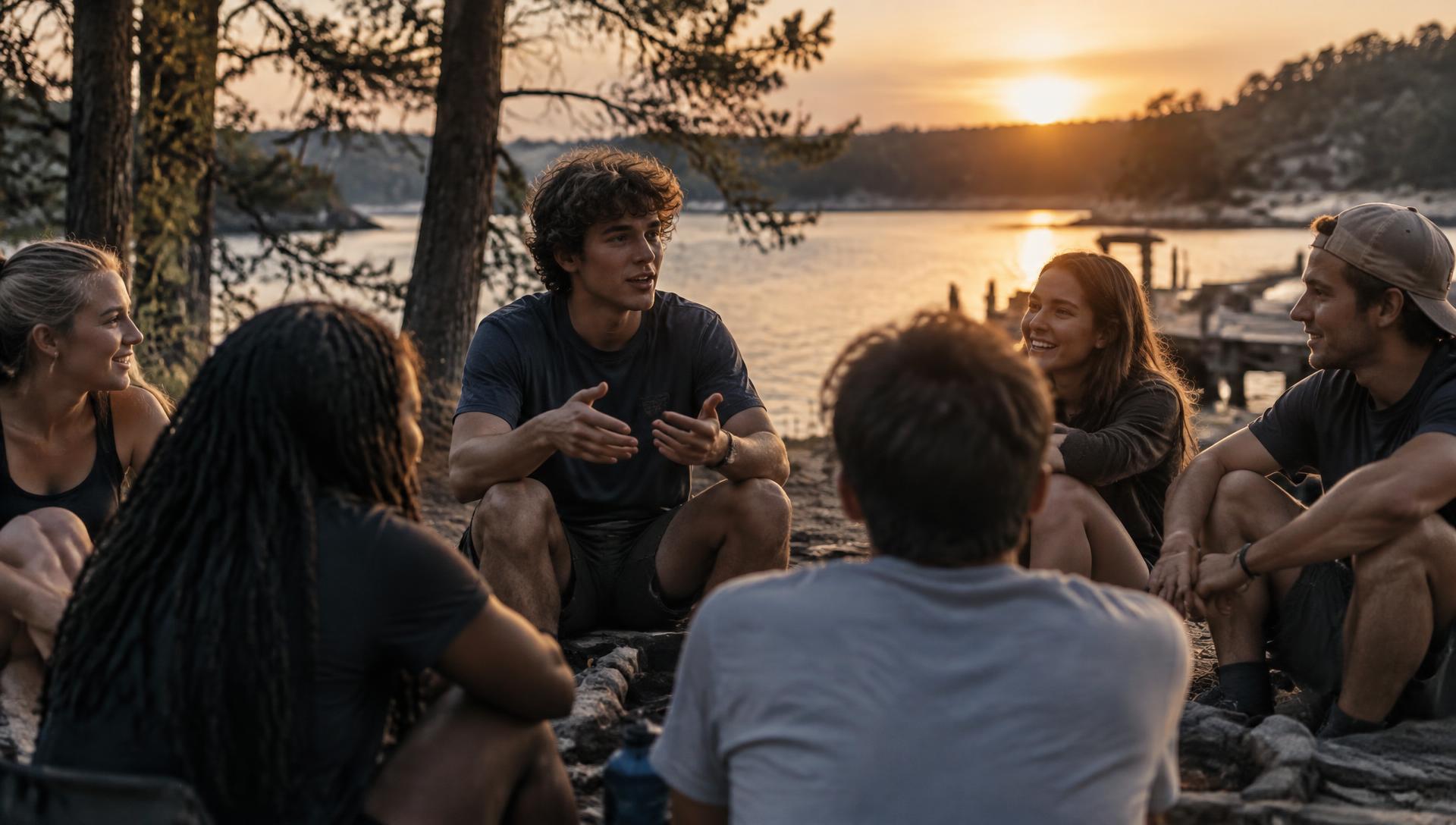 Students in conversation beside the lake at sunset